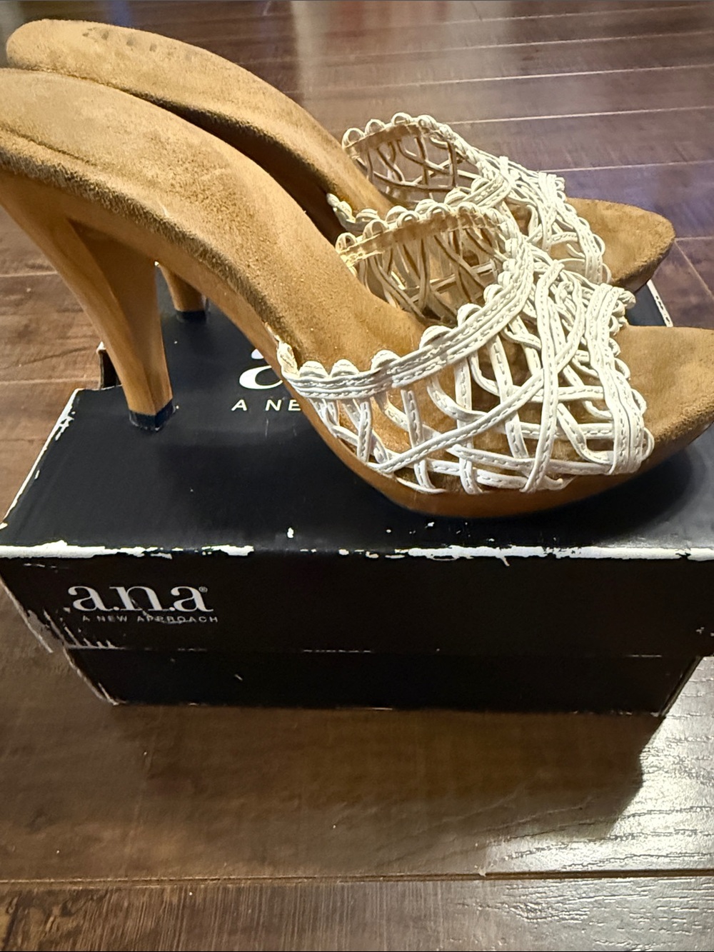 a.n.a Tan Suede Heel Mules with Cream Braided Straps